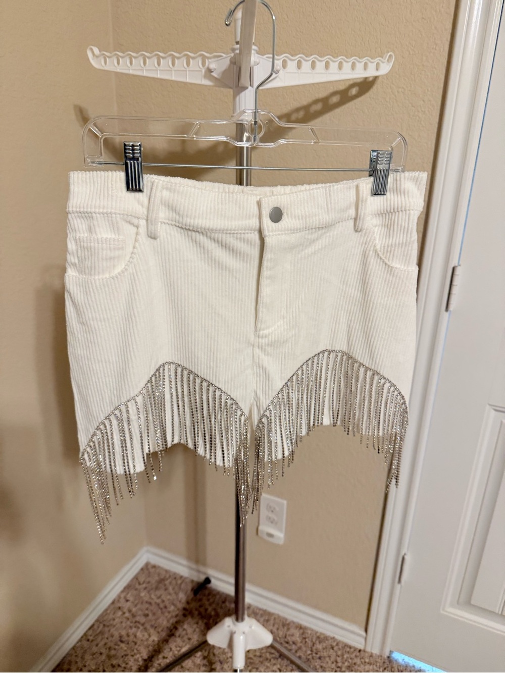 Silver Fringe Detail Off-White Corduroy Shorts